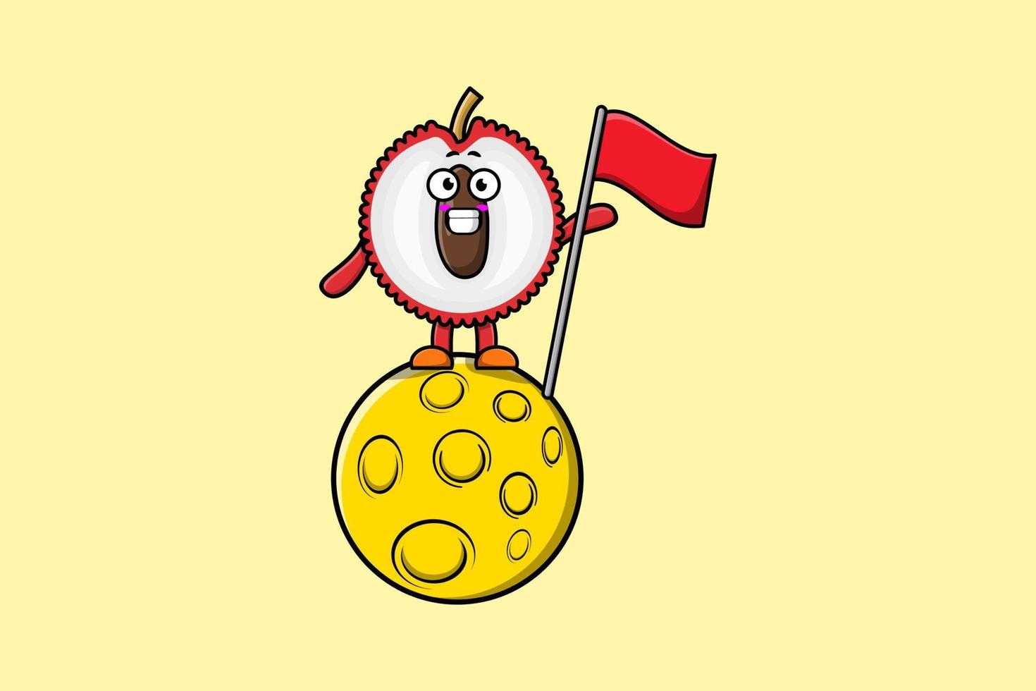 Cute cartoon Lychee standing on the moon with flag vector