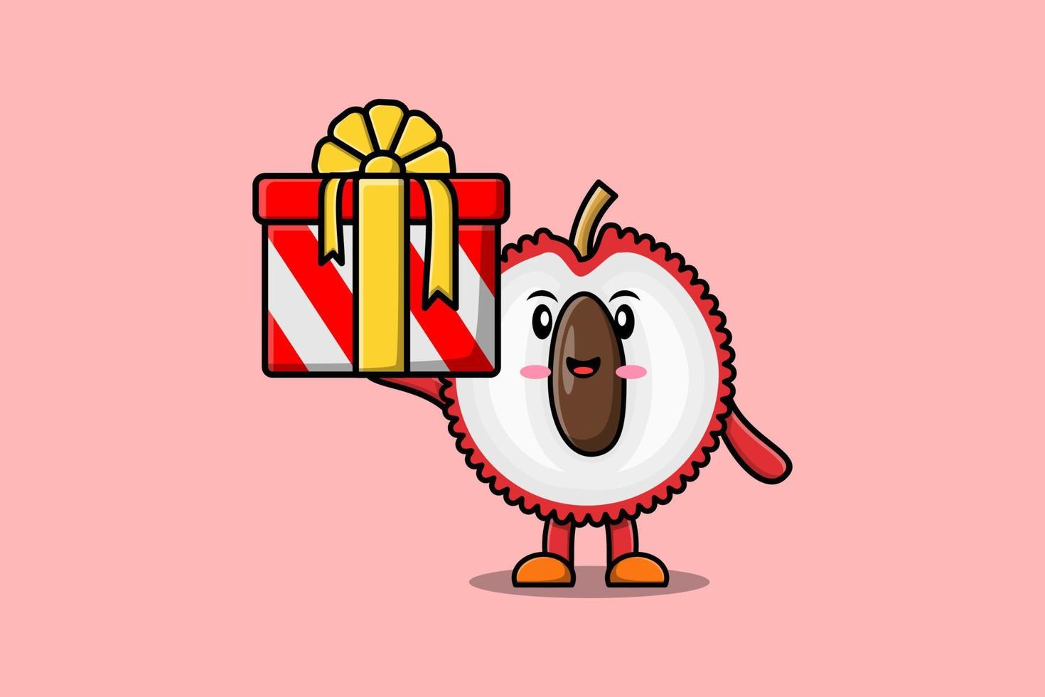 Cute cartoon Lychee character holding gift box vector