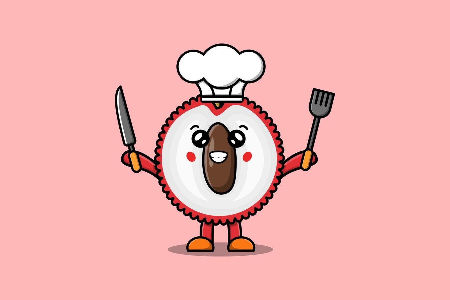 Cute cartoon Lychee chef holding knife and fork vector