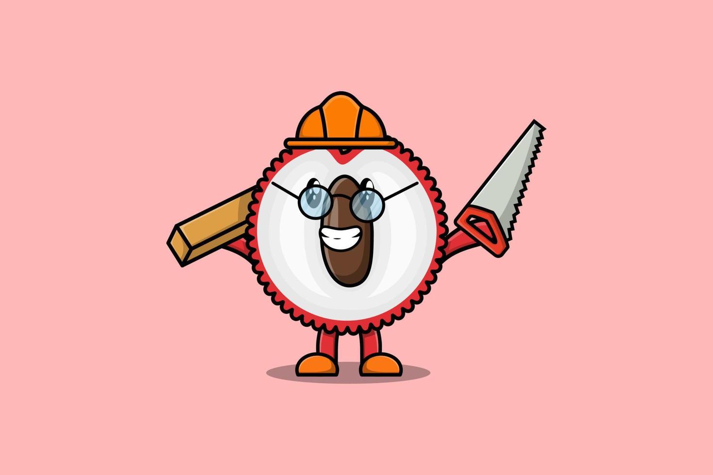 Cute cartoon Lychee carpenter character with saw vector