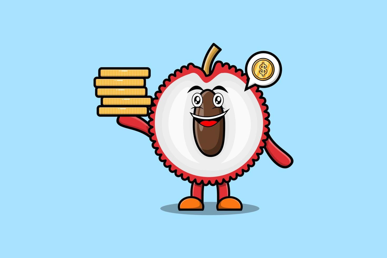 Cute cartoon Lychee holding in stacked gold coin vector