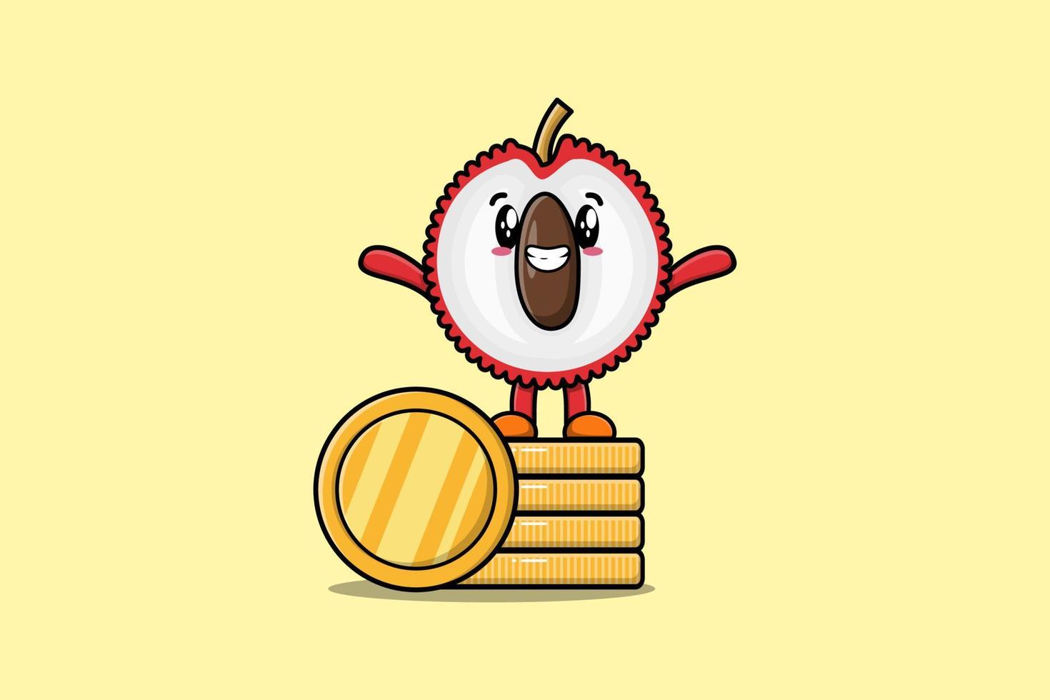 Cute cartoon Lychee standing in stacked gold coin vector