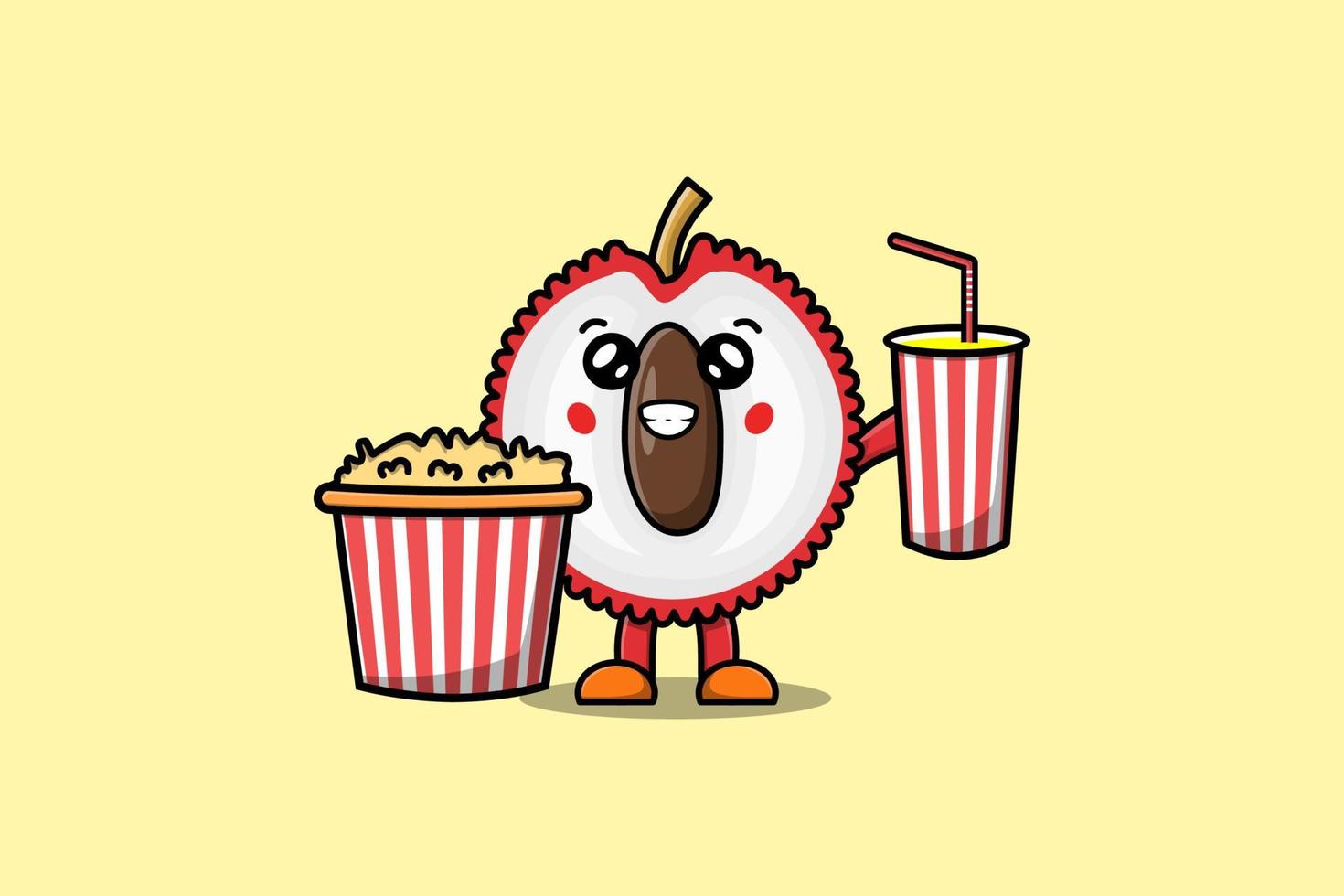 Cute cartoon Lychee with popcorn and drink vector