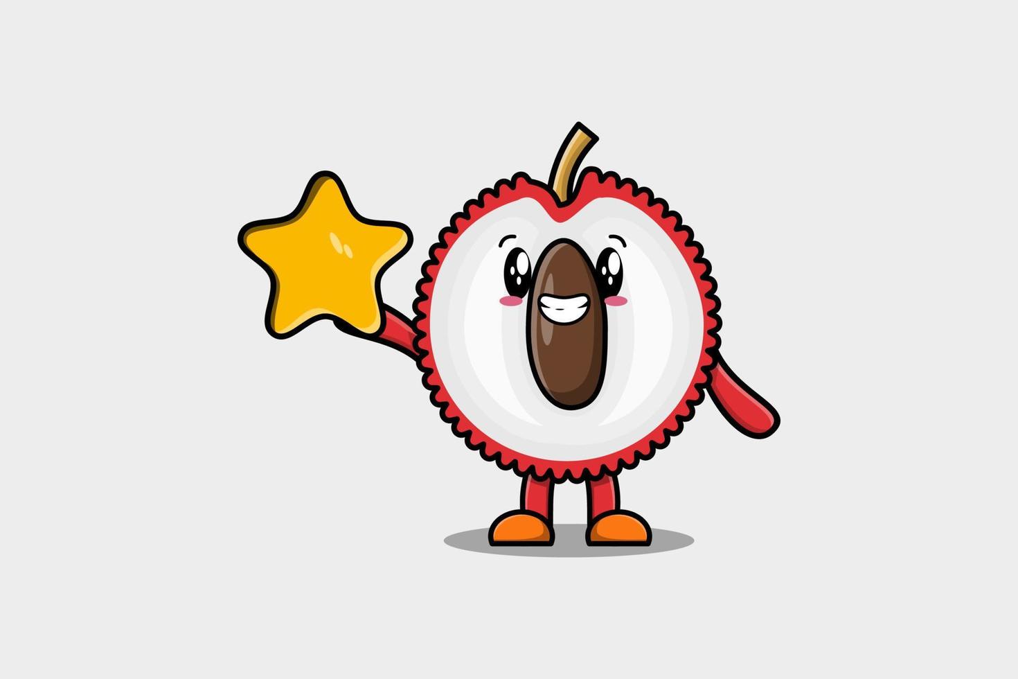 lindo personaje de lichi de dibujos animados con gran estrella dorada vector