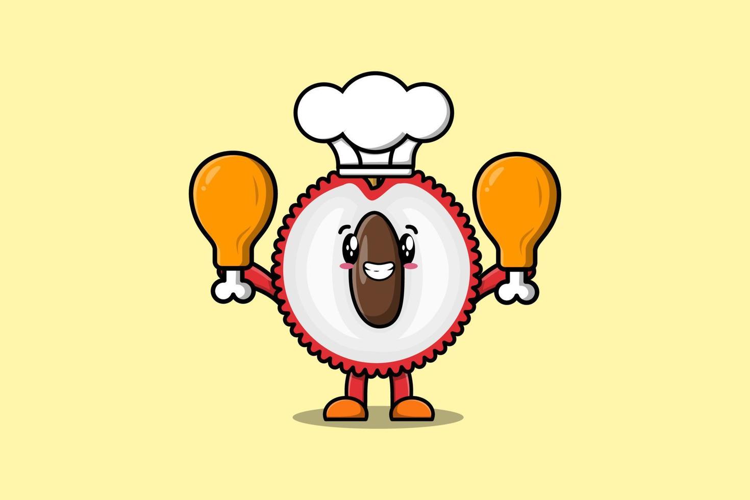 Cute cartoon Lychee chef holding two chicken thigh vector
