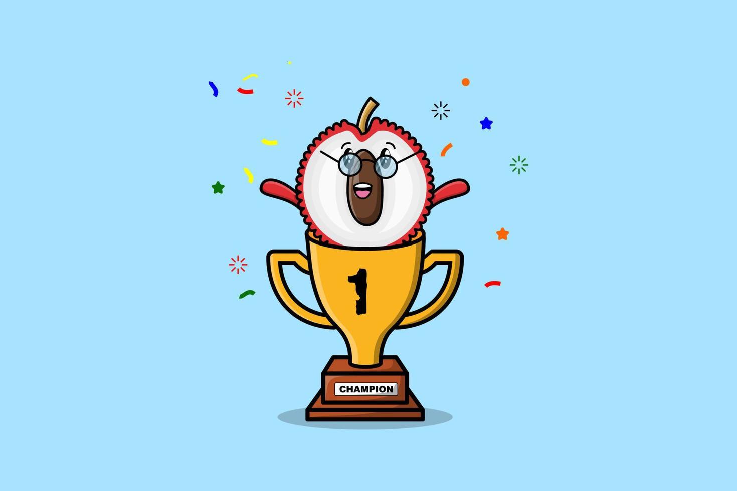 Cute cartoon Lychee character in trophy vector