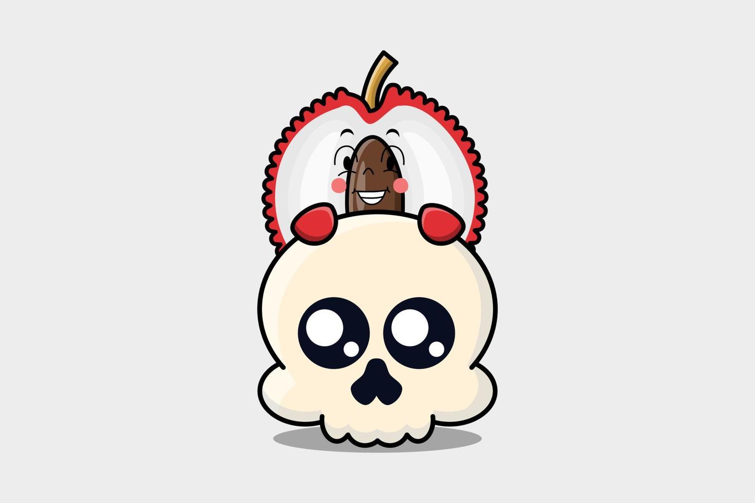 Cute Lychee cartoon character hiding in skull vector