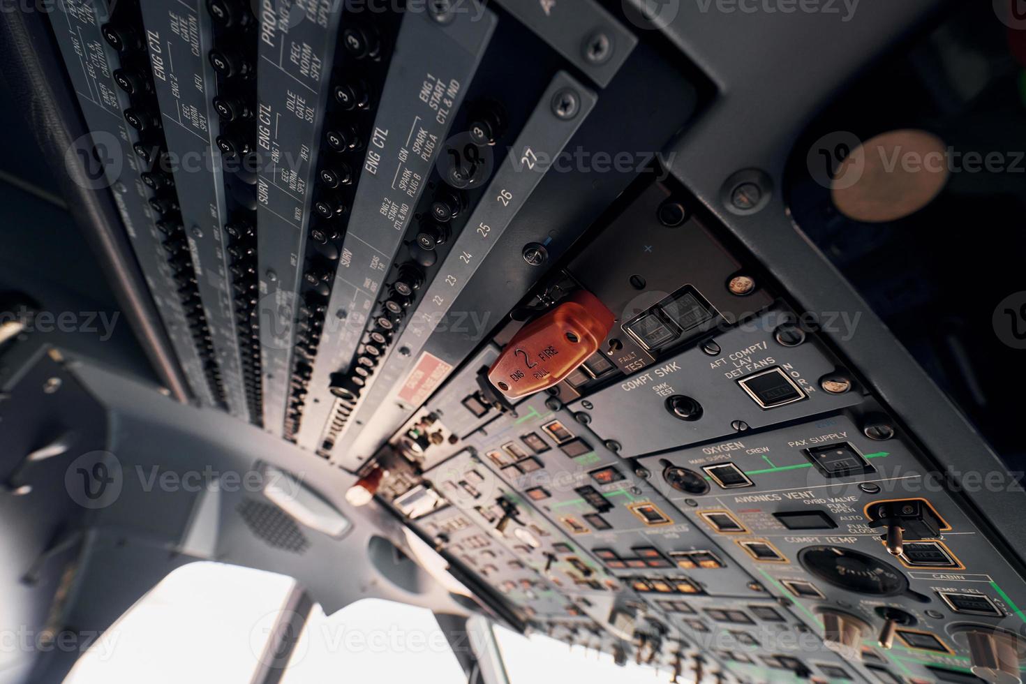Control panel. Close up focused view of airplane cockpit photo