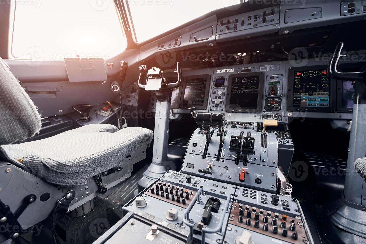 Display with information. Close up focused view of airplane cockpit photo
