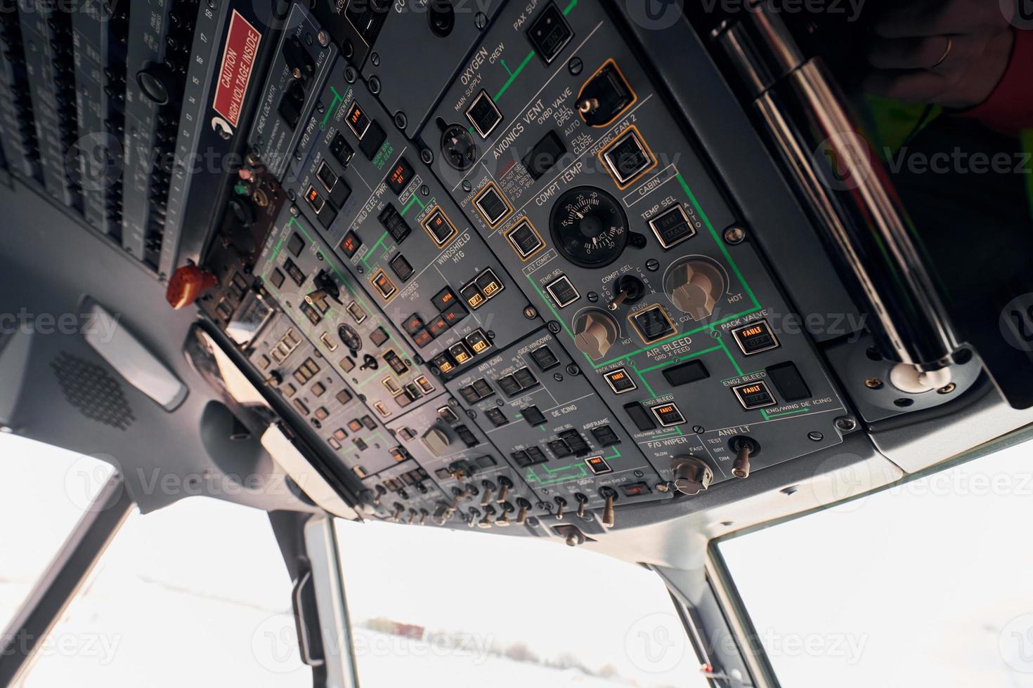 Control panel. Close up focused view of airplane cockpit photo