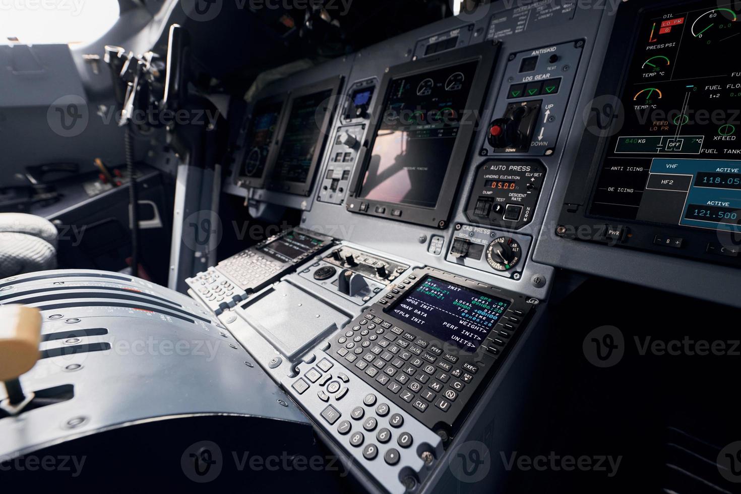 Display with information. Close up focused view of airplane cockpit photo