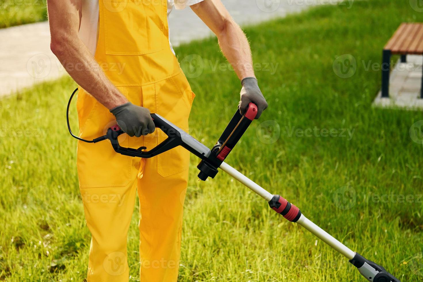 Close up view. Man cut the grass with lawn mover outdoors in the yard photo