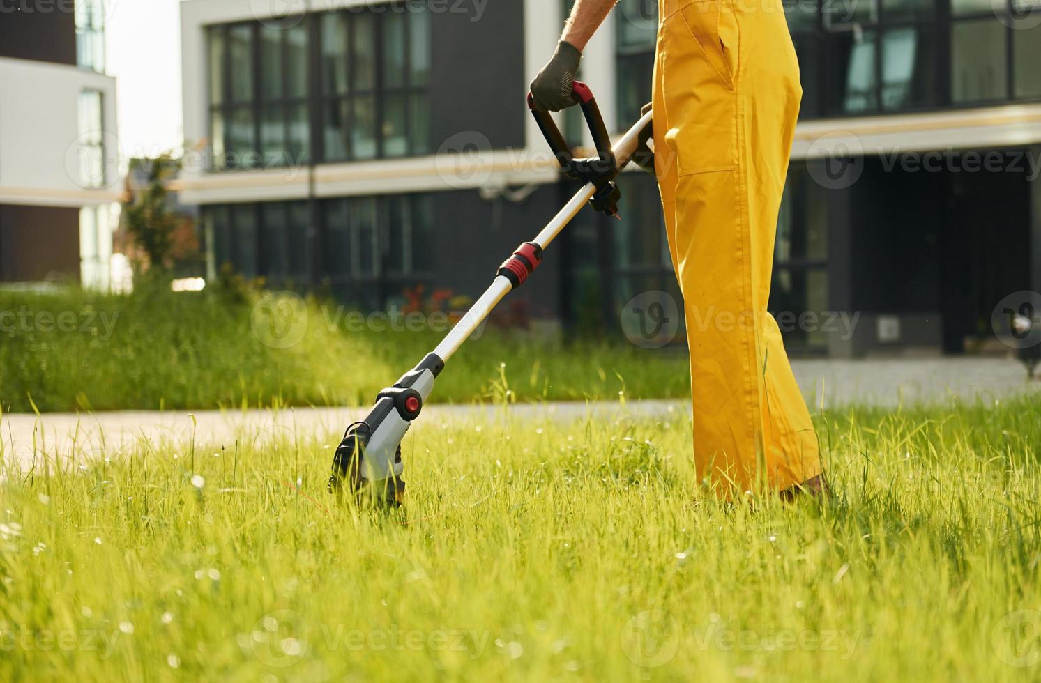 Close up view. Man cut the grass with lawn mover outdoors in the yard photo