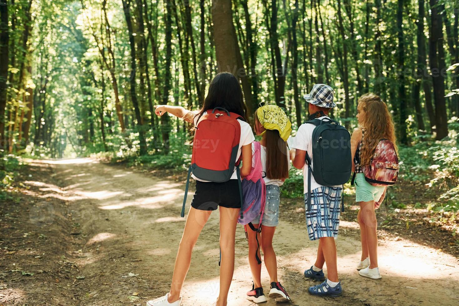 Looking for a path. Kids strolling in the forest with travel equipment photo