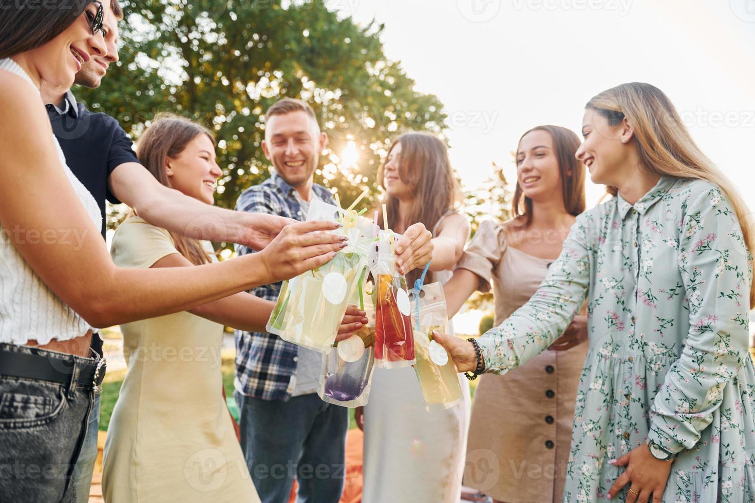 Having a drink. Group of young people have a party in the park at summer daytime photo