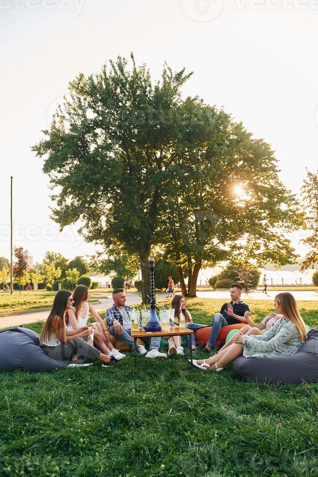 hablando unos con otros. grupo de jóvenes tienen una fiesta en el parque durante el día de verano foto