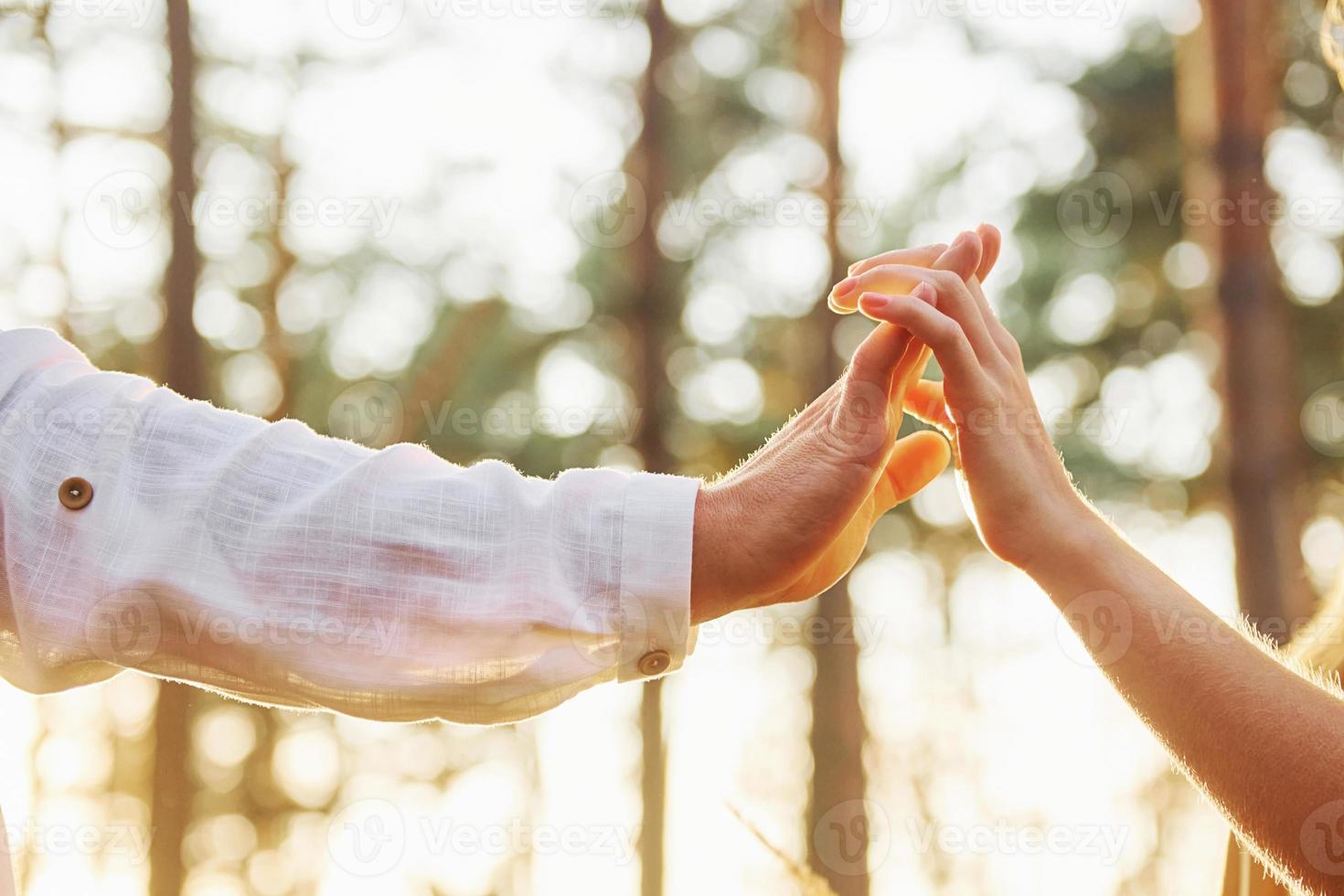 Close up view of hands. Happy couple is outdoors in the forest at daytime photo