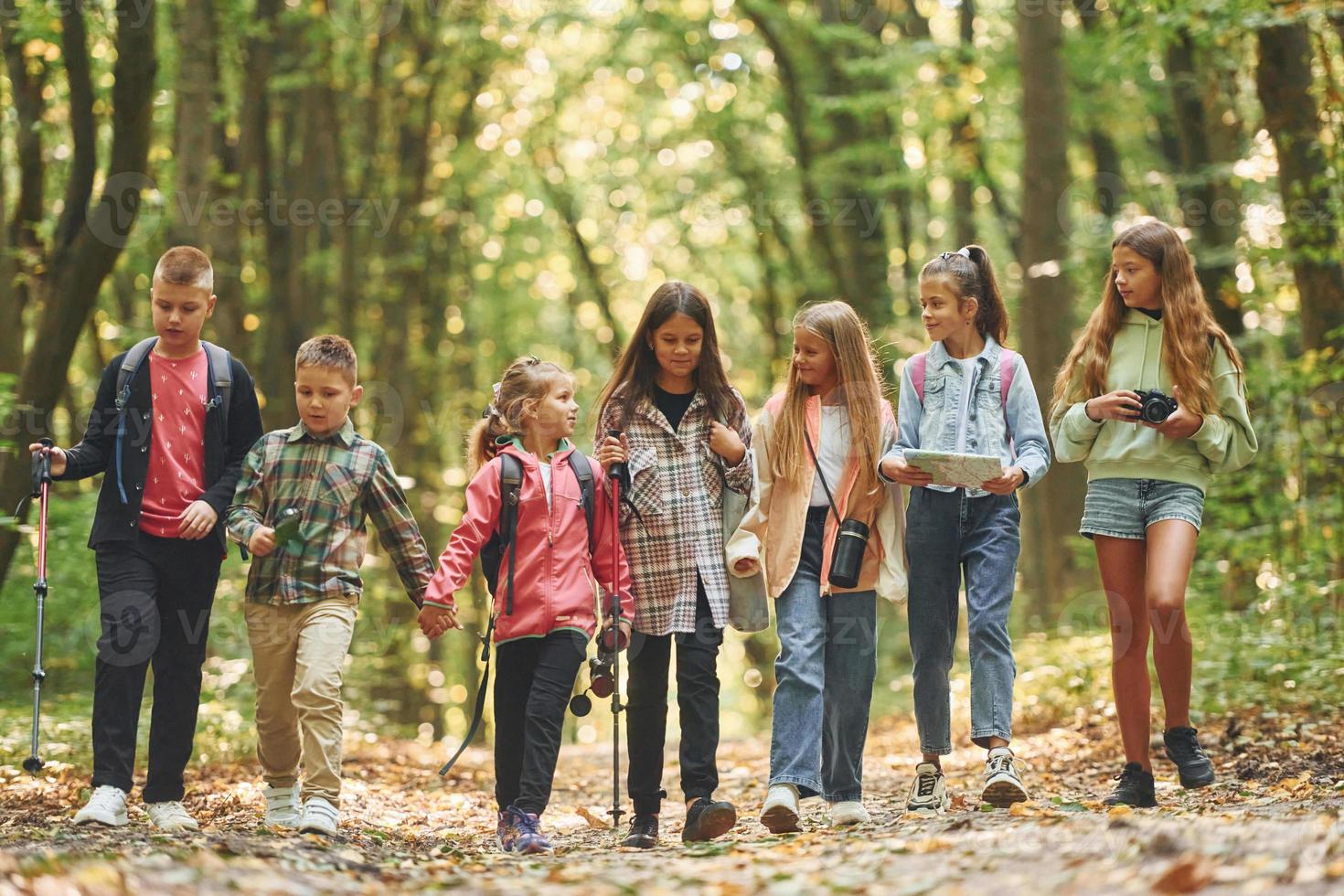 In green forest. Kids having a walk outdoors at summer daytime together photo