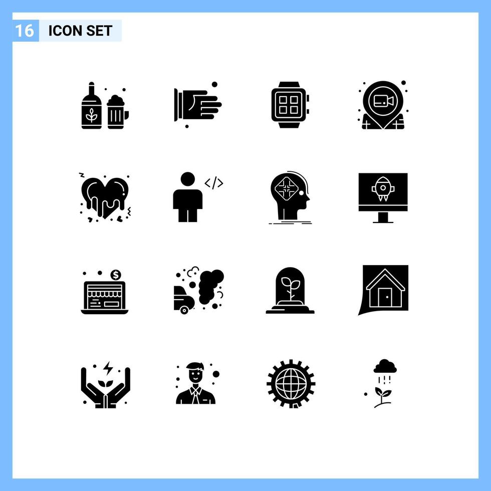 16 Universal Solid Glyph Signs Symbols of pushpin movie electronic location watch Editable Vector Design Elements