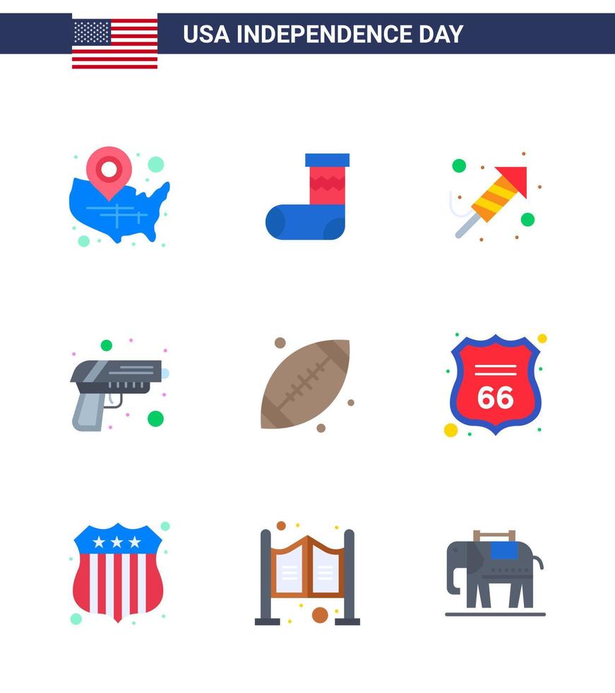 Pack of 9 creative USA Independence Day related Flats of ball army gift security day Editable USA Day Vector Design Elements