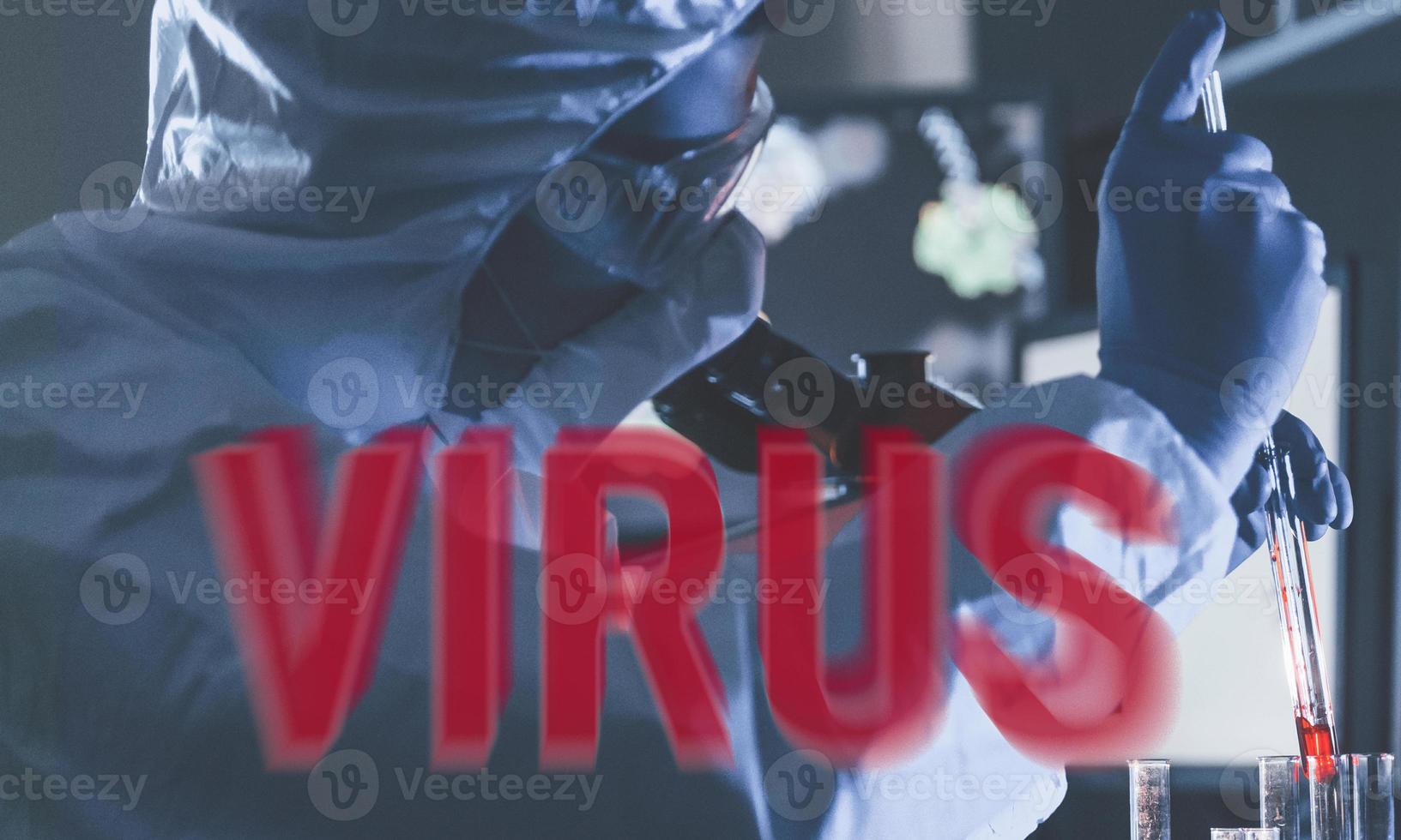 Red virus word. Scientist in protective uniform working with virus indoors in lab with test tubes and microscope photo