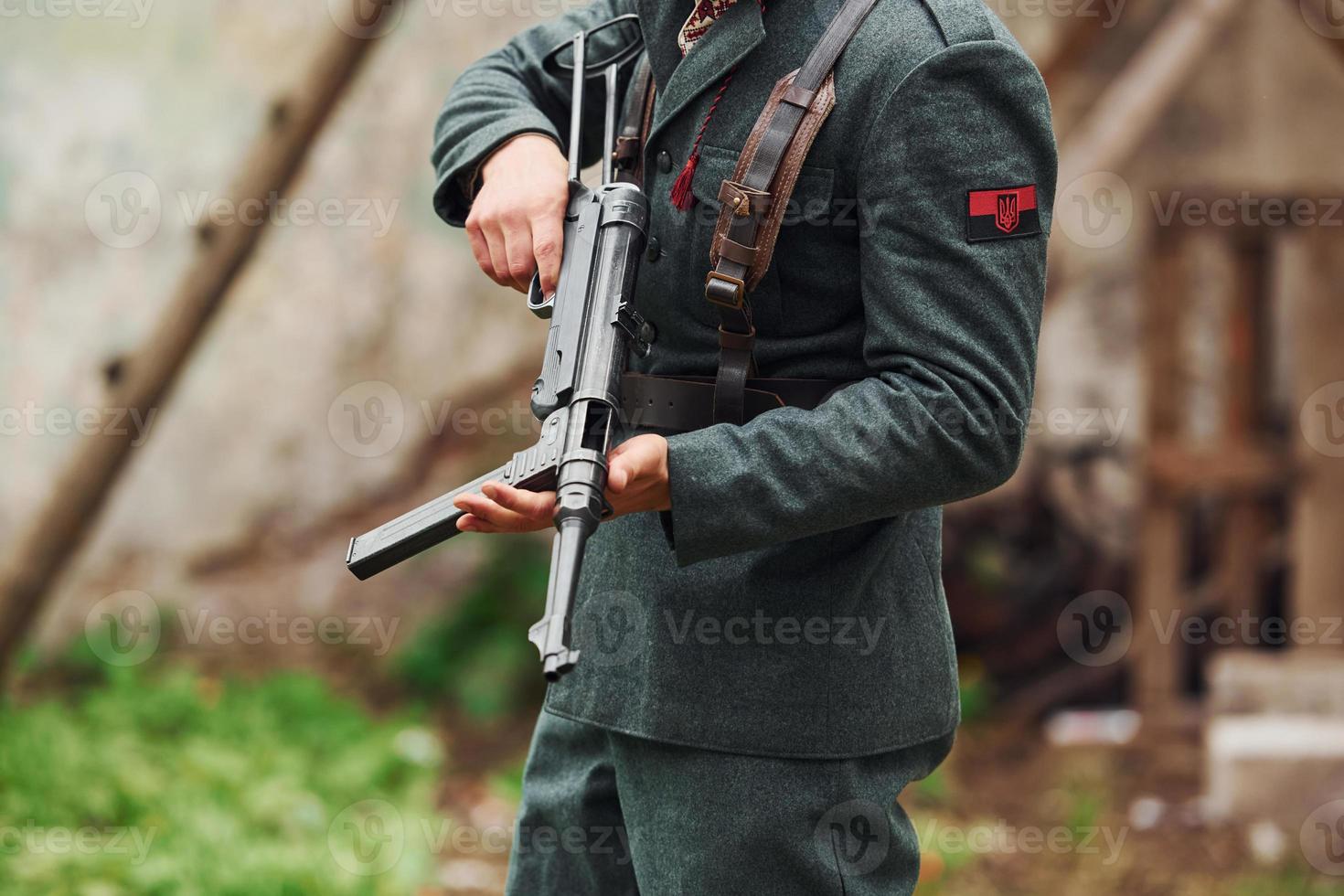 TERNOPIL, UKRAINE - June 2020 UPA Ukrainian Insurgent Army movie filming. Pictures of backstage. Young soldier with weapon photo