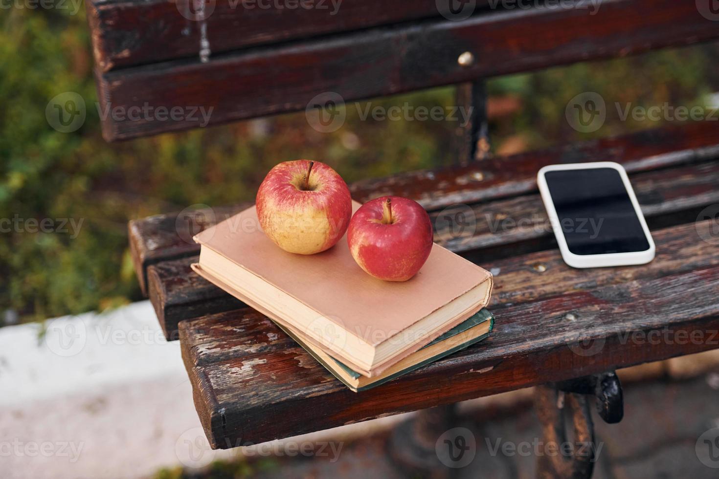 Close up view of couch, and books, apples and smartphone on it photo