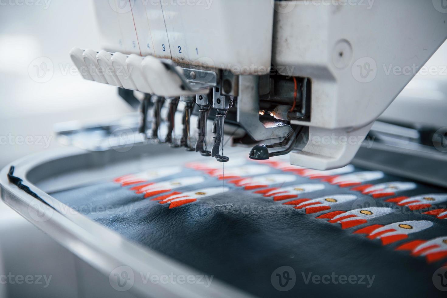 Making rocket pictures. Close up view of white automatic sewing machine at factory in action photo