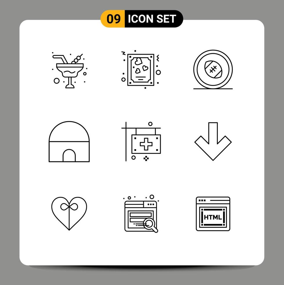 9 User Interface Outline Pack of modern Signs and Symbols of care islamic building football historical building rugby scrum Editable Vector Design Elements