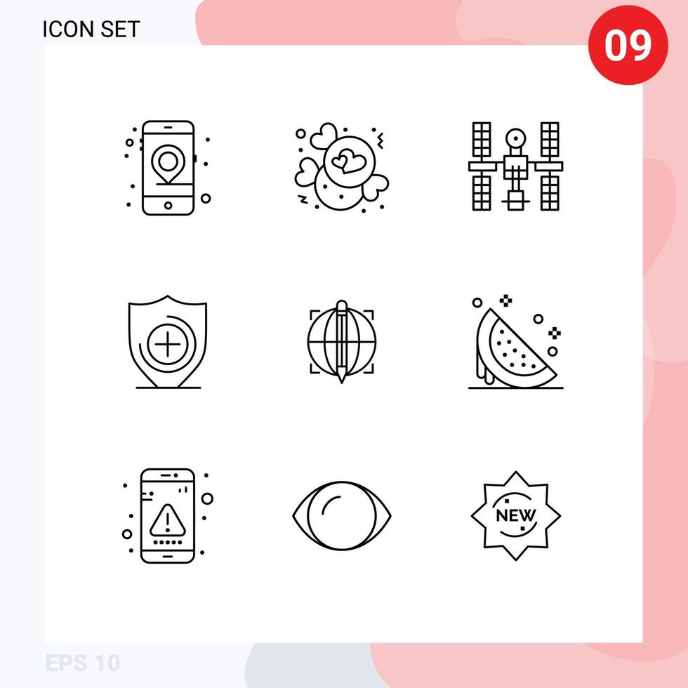 Stock Vector Icon Pack of 9 Line Signs and Symbols for target shield complex healthcare space Editable Vector Design Elements