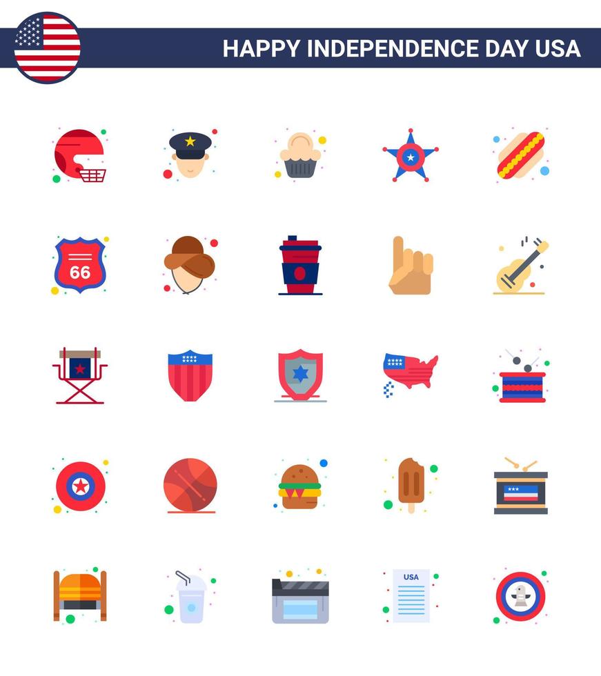 feliz día de la independencia 4 de julio conjunto de 25 pisos pictografía americana de la celebración de la policía de la estrella americana elementos de diseño vectorial del día de estados unidos editables vector