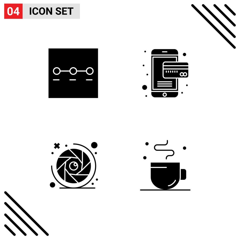 User Interface Pack of 4 Basic Solid Glyphs of layout lens aperture card camera coffee Editable Vector Design Elements