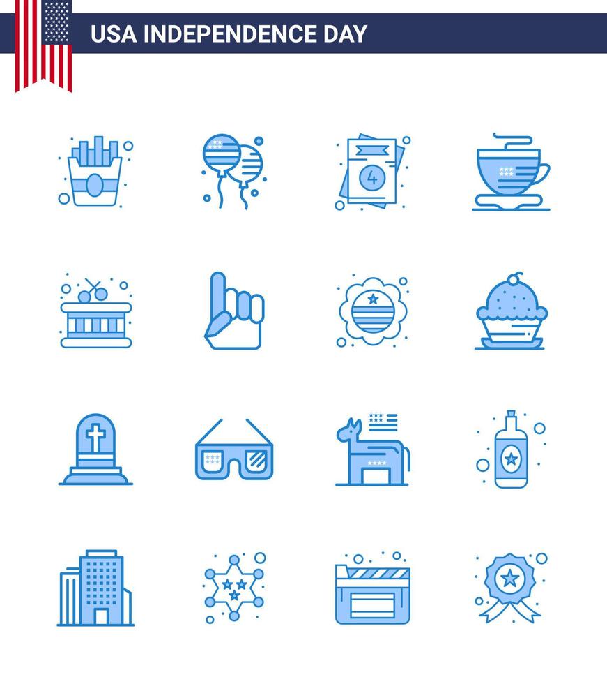 Pack of 16 creative USA Independence Day related Blues of foam hand instrument love drum cup Editable USA Day Vector Design Elements