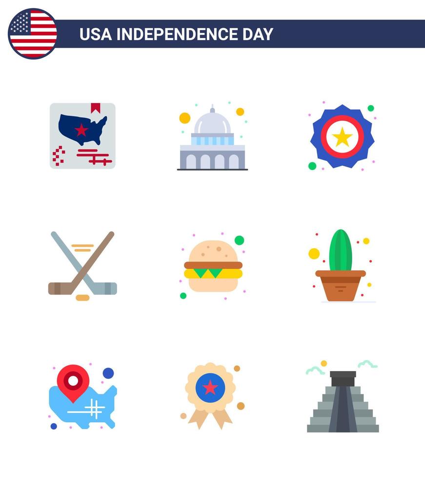 4th July USA Happy Independence Day Icon Symbols Group of 9 Modern Flats of fast food american american sport hokey Editable USA Day Vector Design Elements