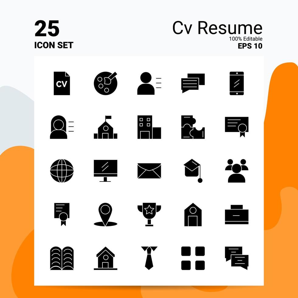 25 CV Resume Icon Set 100 Editable EPS 10 Files Business Logo Concept Ideas Solid Glyph icon design vector