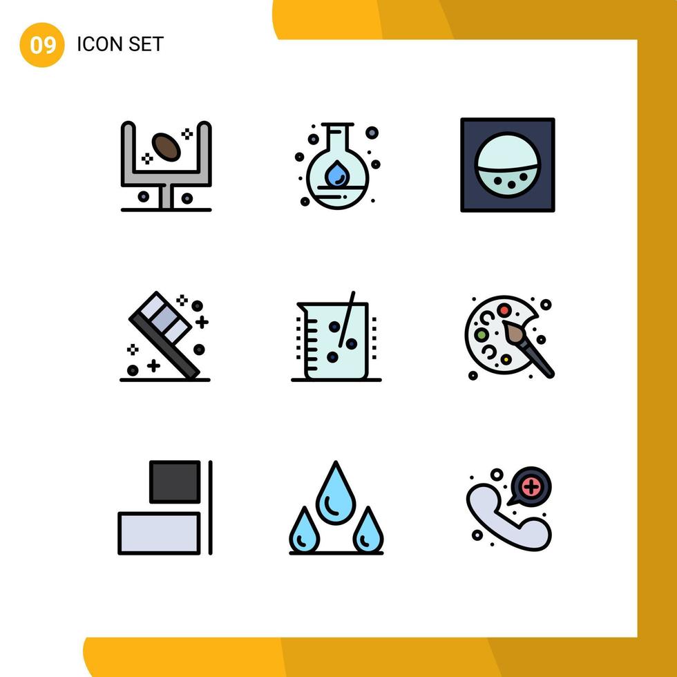 9 Universal Filledline Flat Color Signs Symbols of chemical lab chemical science acid bath Editable Vector Design Elements