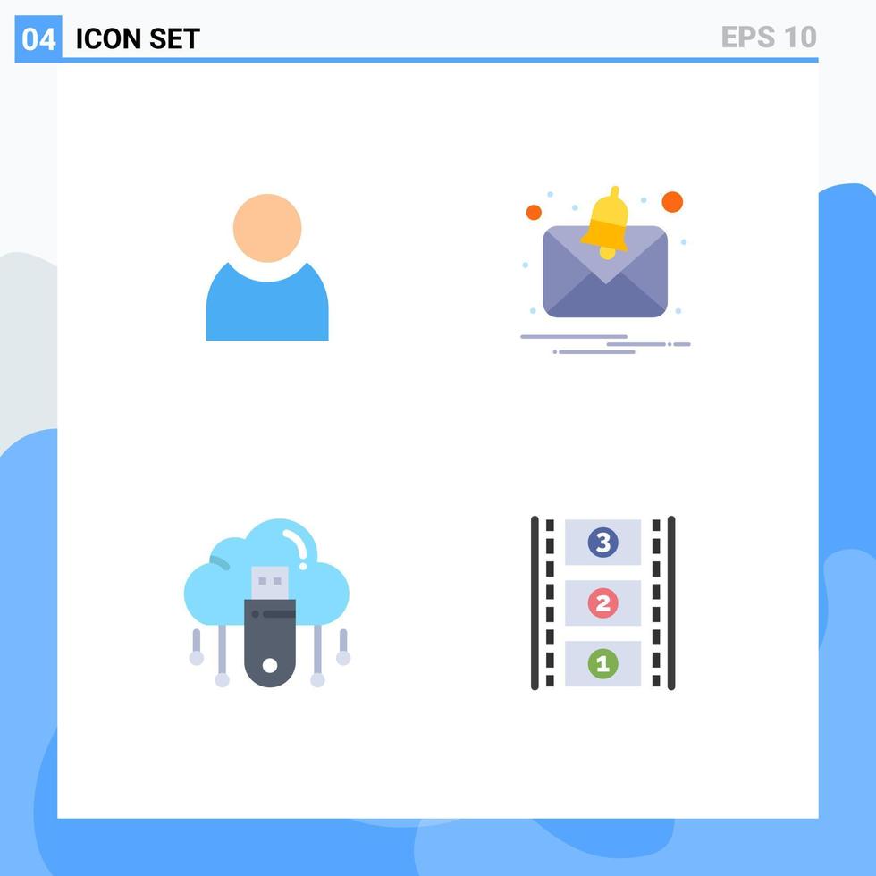 Set of 4 Commercial Flat Icons pack for avatar cloud alert usb film reel Editable Vector Design Elements