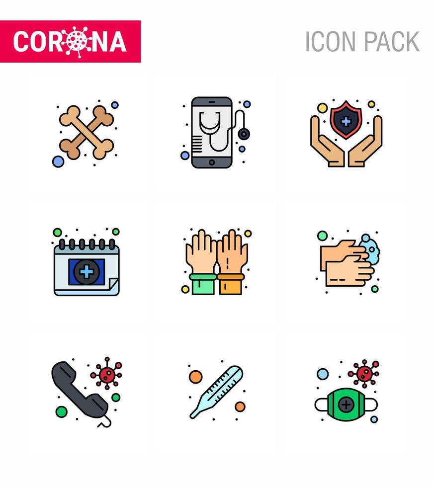 Corona virus 2019 and 2020 epidemic 9 Filled Line Flat Color icon pack such as safety gloves medical schudule calendar viral coronavirus 2019nov disease Vector Design Elements