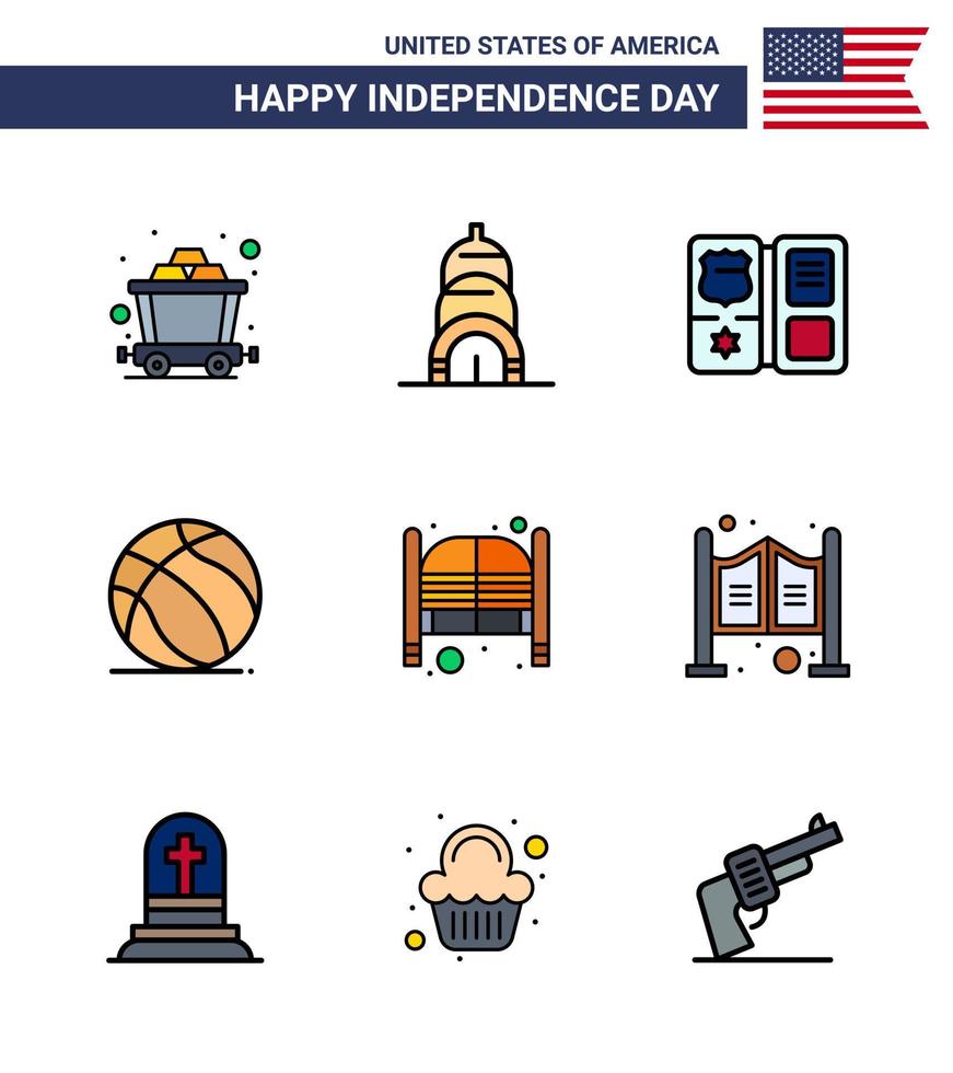 gran paquete de 9 estados unidos feliz día de la independencia líneas planas llenas de vector de estados unidos y símbolos editables de puertas de día barra americana elementos de diseño de vector de día de estados unidos editables americanos