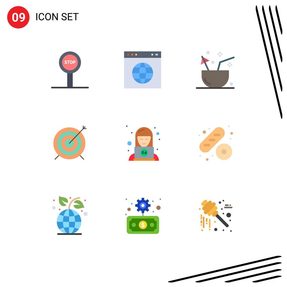 Modern Set of 9 Flat Colors Pictograph of support focus drink goal target Editable Vector Design Elements