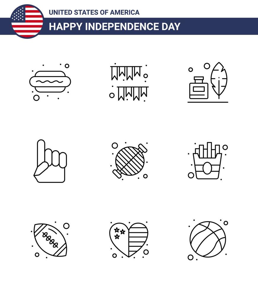 USA Happy Independence DayPictogram Set of 9 Simple Lines of food usa party hand american Editable USA Day Vector Design Elements