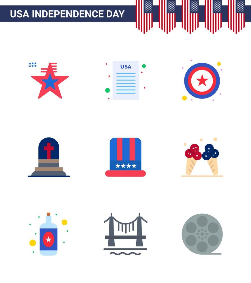 Modern Set of 9 Flats and symbols on USA Independence Day such as usa cap star hat gravestone Editable USA Day Vector Design Elements