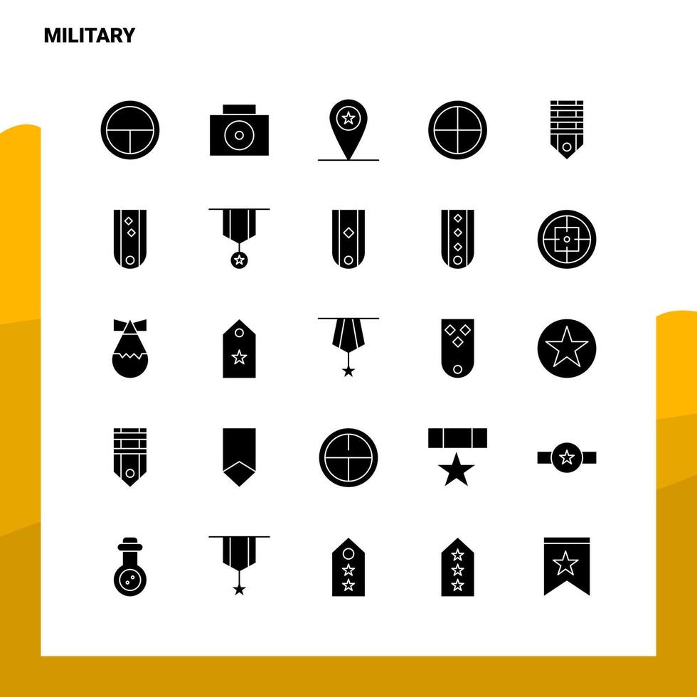 25 conjunto de iconos militares plantilla de ilustración de vector de icono de glifo sólido para ideas web y móviles para empresa comercial