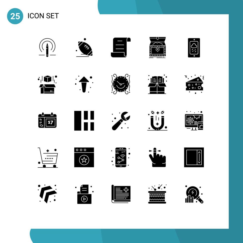 Pack of 25 creative Solid Glyphs of mobile reward game gold box Editable Vector Design Elements