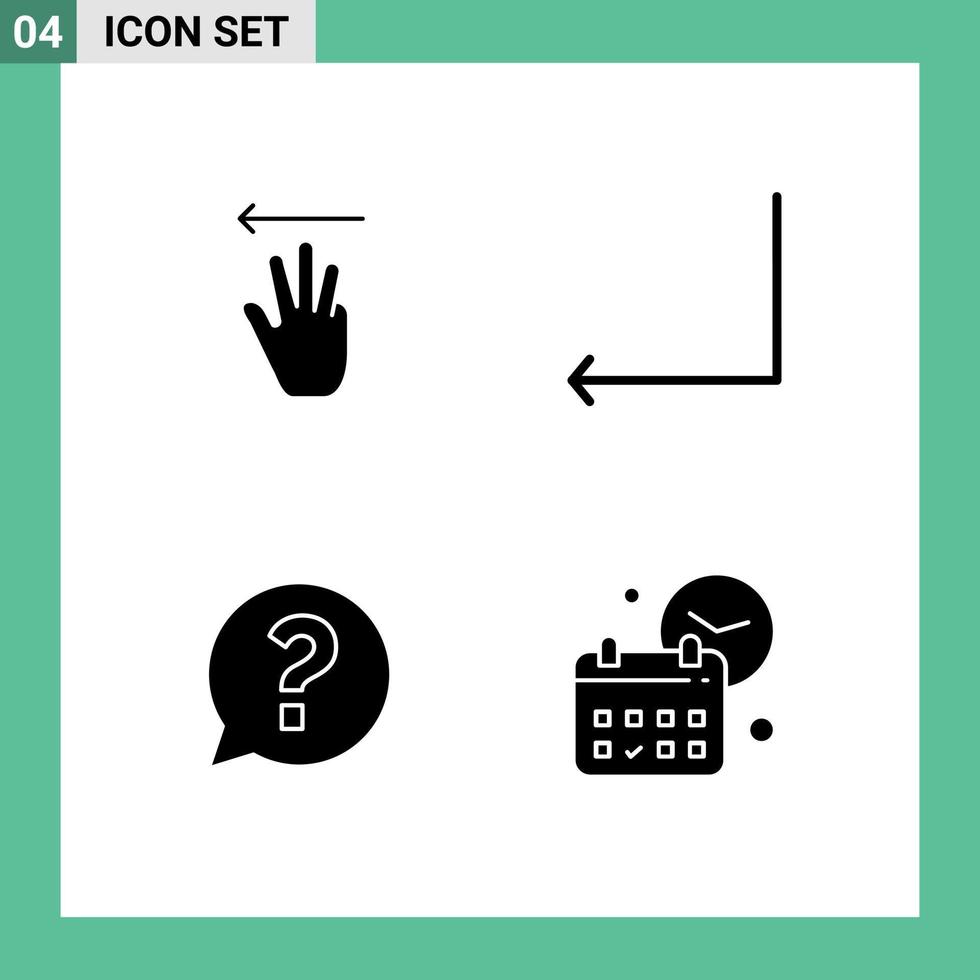 Mobile Interface Solid Glyph Set of 4 Pictograms of hand question left enter calendar Editable Vector Design Elements