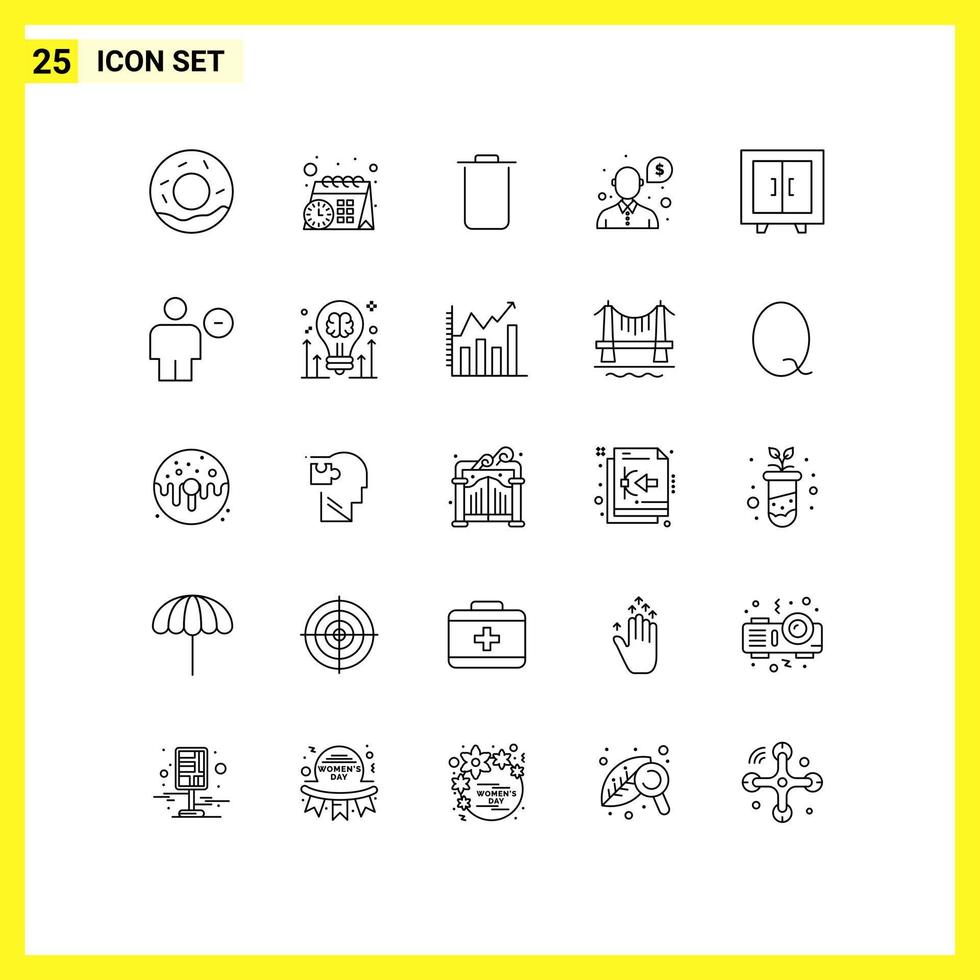 Mobile Interface Line Set of 25 Pictograms of avatar interior trash furniture support Editable Vector Design Elements