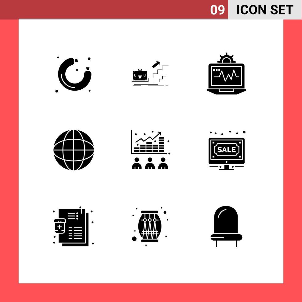 Set of 9 Vector Solid Glyphs on Grid for earth biology leadership computing computer Editable Vector Design Elements