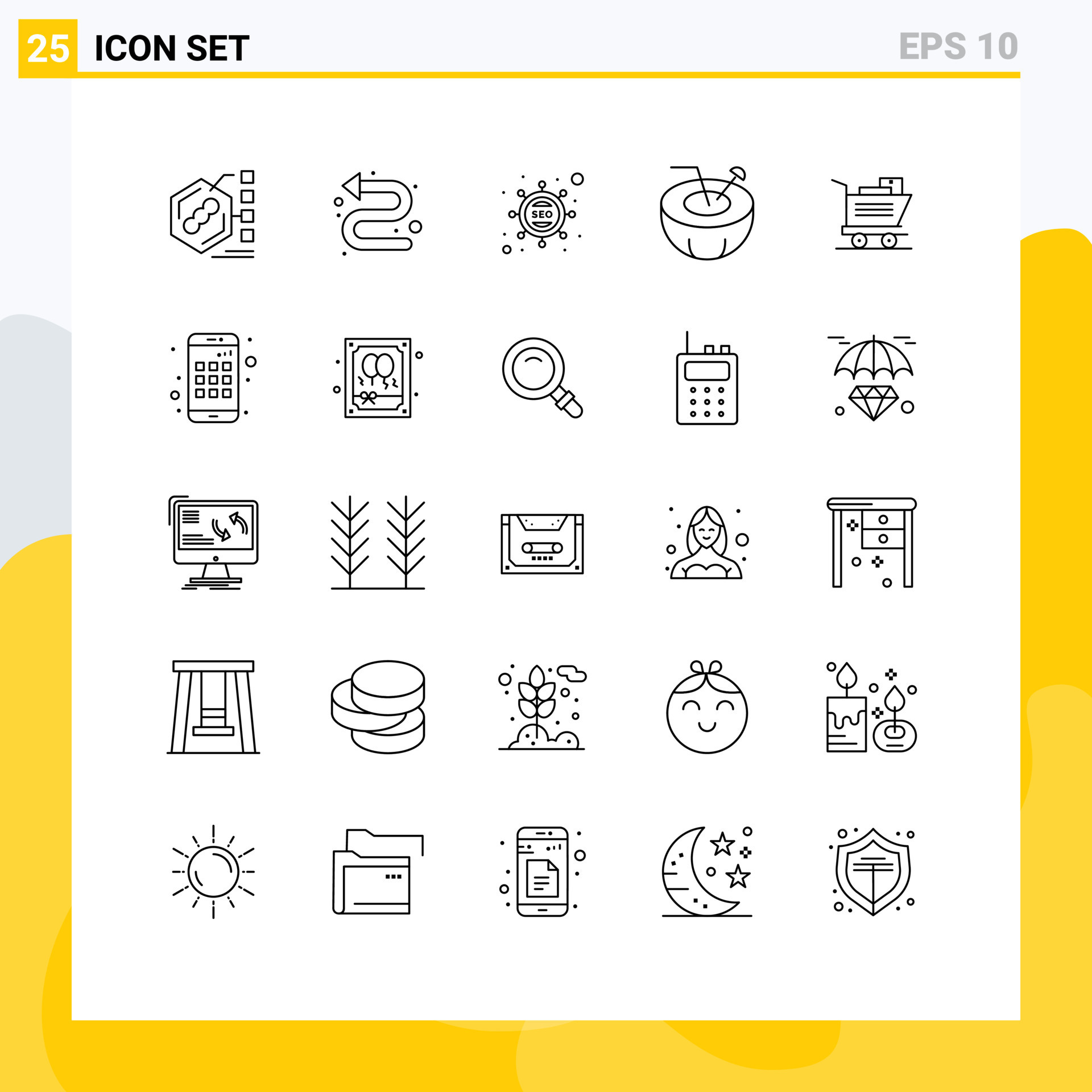 Line Pack of 25 Universal Symbols of cart coconut water left coconut