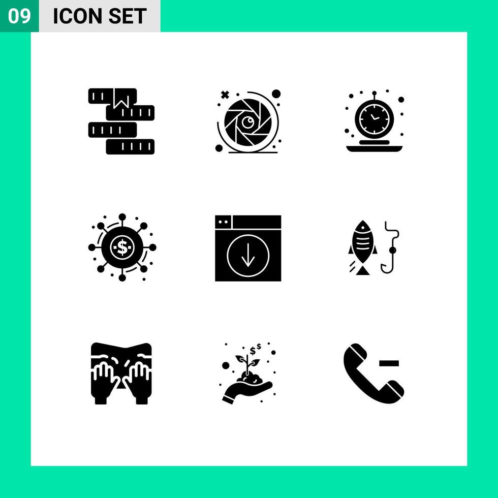 Solid Glyph Pack of 9 Universal Symbols of donation crowd funding lens aperture campaign retro Editable Vector Design Elements
