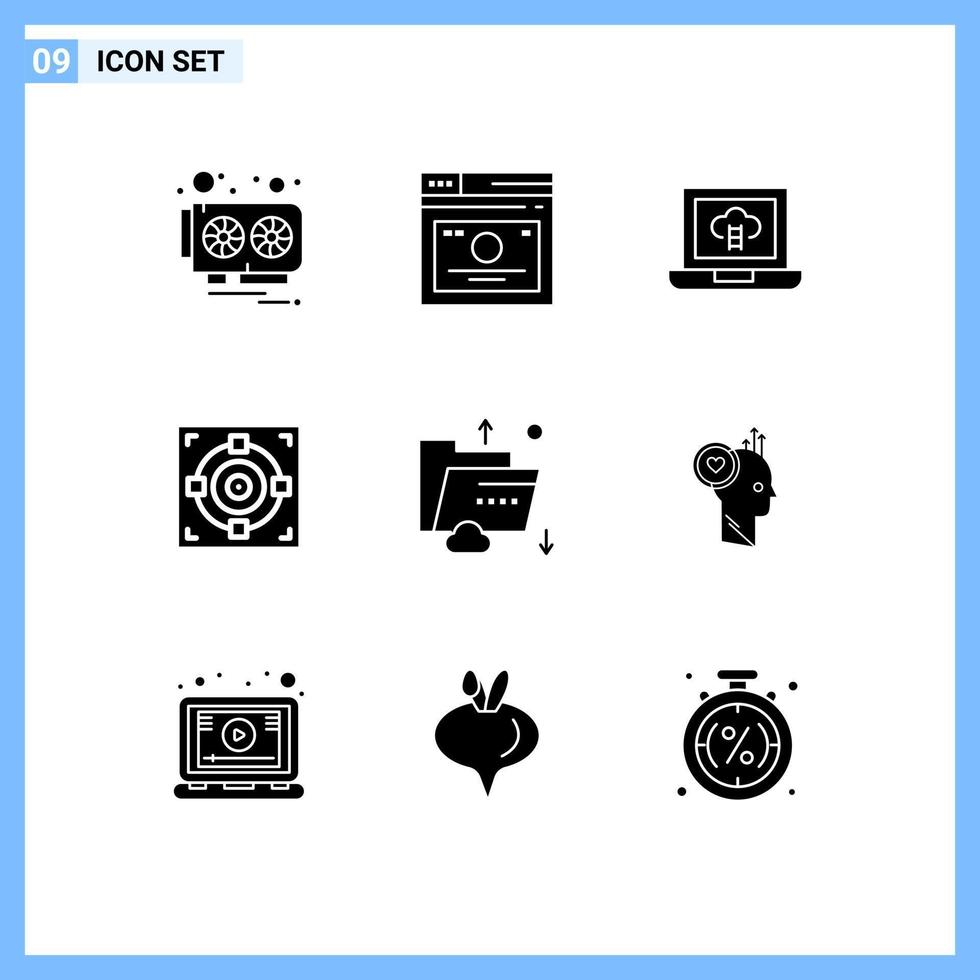 9 User Interface Solid Glyph Pack of modern Signs and Symbols of data goal web success target Editable Vector Design Elements